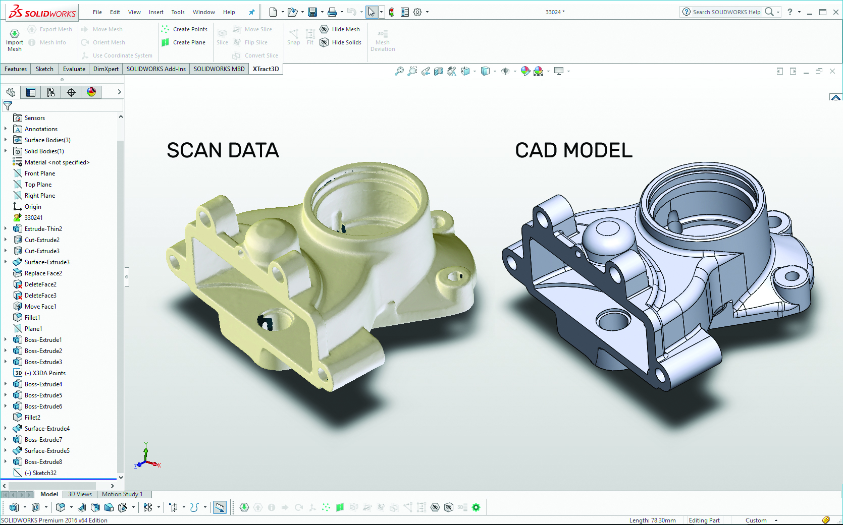 Scan data compared with a CAD model in reverse-engineering software